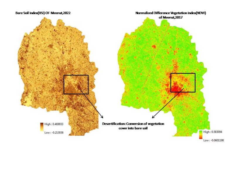 Desertification is a significant environmental issue, and it is essential to monitor and understand the extent and causes of desertification. By using the Bare Soil Index (BSI) and satellite imagery from Landsat VIII, researchers can study the conversion of forest land into barren land in Meerut and quantify the extent of desertification.  The increase in settlement due to urban sprawl can have significant impacts on the environment and contribute to desertification. By using GIS to analyze the data, researchers can visualize the distribution of bare soil and urban sprawl, and identify areas that are most vulnerable to desertification. This information can help in the development of effective strategies to mitigate the impacts of desertification and promote sustainable land use practices.