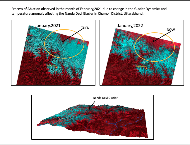 Process of Ablation observed in the month of February,2021 due to change in the Glacier Dynamics and temperature anomaly affecting the Nanda Devi Glacier in Chamoli District, Uttarakhand.