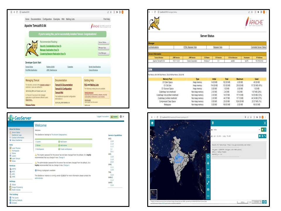 Web Mapping: Running Operation of Tomcat Apache using public port for hosting data that runs on same script. Geoserver is used for storing layers and creating workspace for map visualisation and dashboard maintenance.
