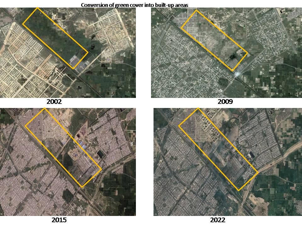 Location: Bawana census town in North West District of Delhi. It is constituency in Delhi Vidhan Sabha. GIS predictive analysis analysis and satellite data comparison for for 4 years. It is observed that land conversion from green cover to build up area due to peri urbanisation. Data used: Landsat 1 to 9 series.